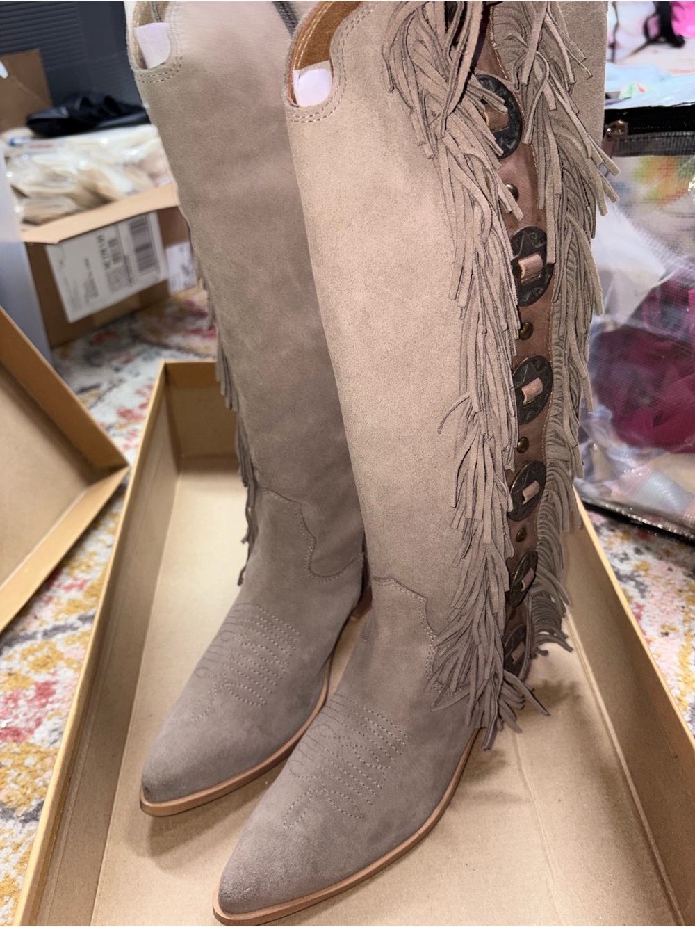 NIB NAUGHTY MONKEY RODEO DOLL TAUPE COWGIRL BOOTS Taupe Fringe TRIM - Picture 3 of 8
